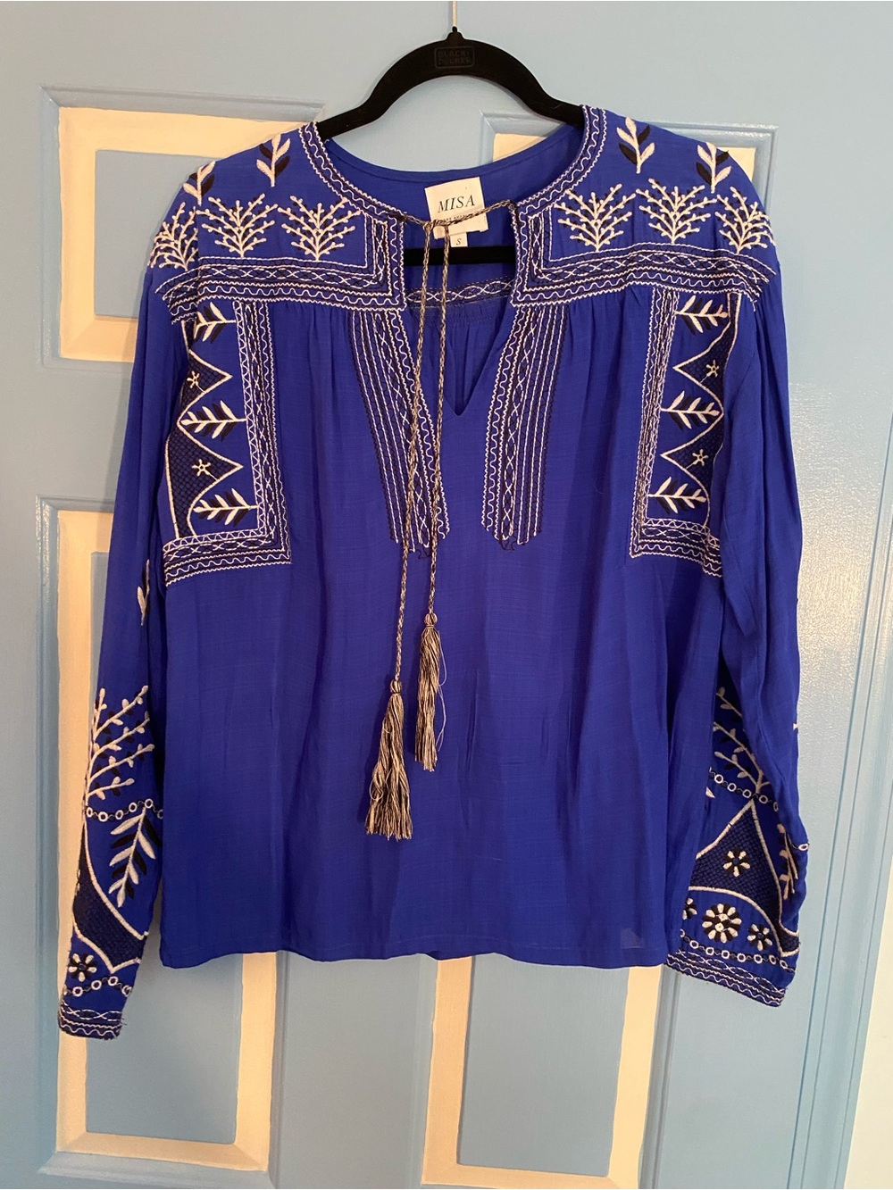 MISA Los Angeles Blue Embroidered Tunic Top